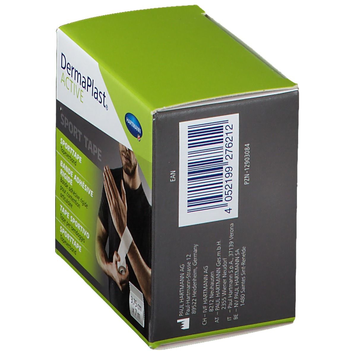 Emballage avec code-barres et informations fabricant. Inscription: DermaPlast ACTIVE SPORT TAPE. Couleurs verte et grise.