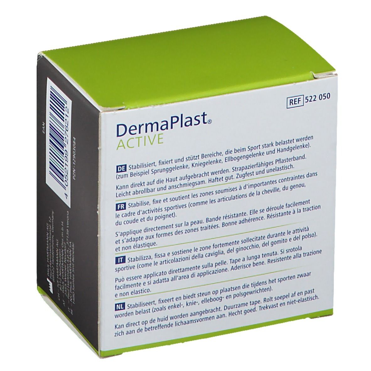 Dos de l'emballage. Texte en allemand, français, italien et néerlandais. Inscription: DermaPlast ACTIVE. Réf. 522 050.