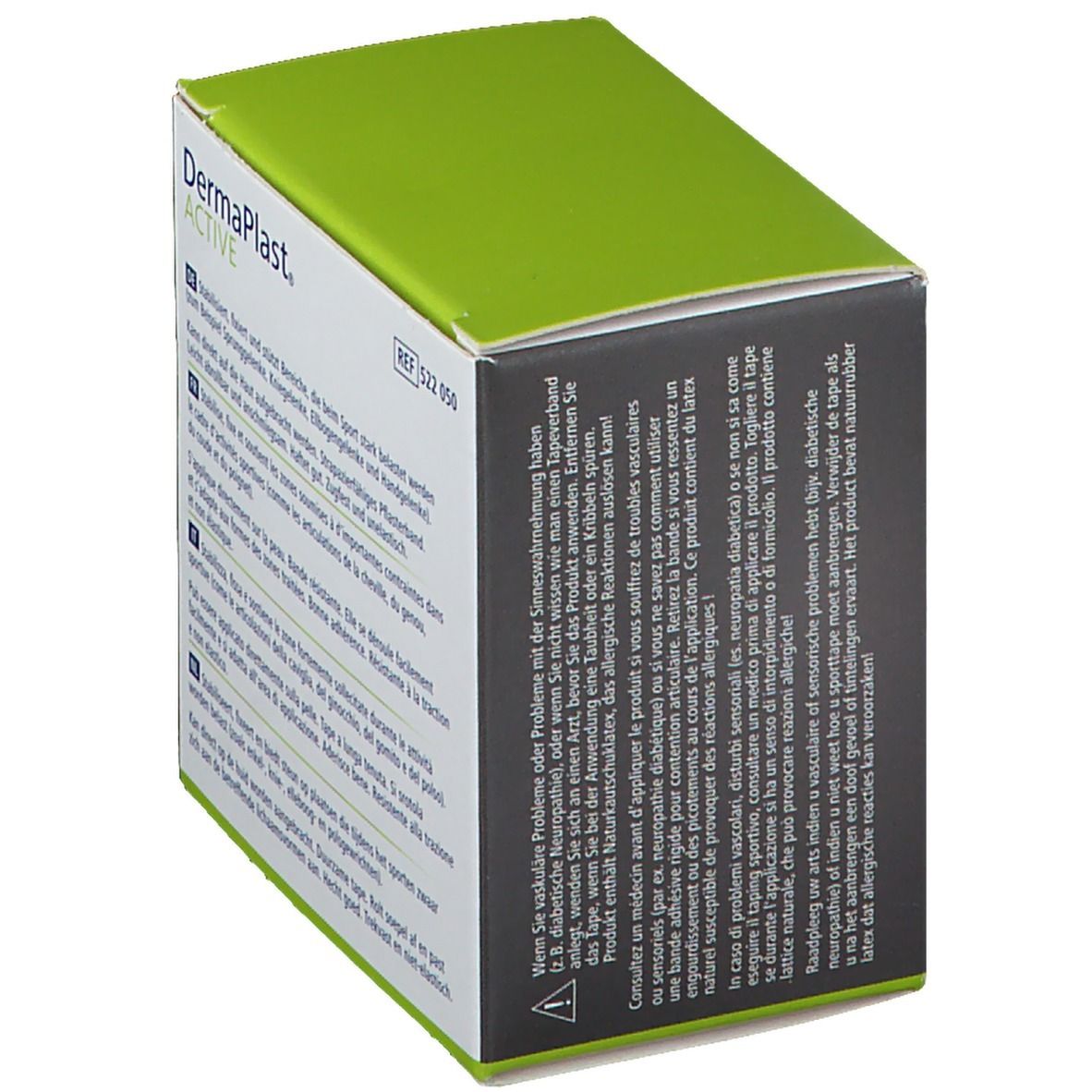 Dos de l'emballage avec avertissements. Inscription: DermaPlast ACTIVE. Texte en plusieurs langues. Réf. 522 050.