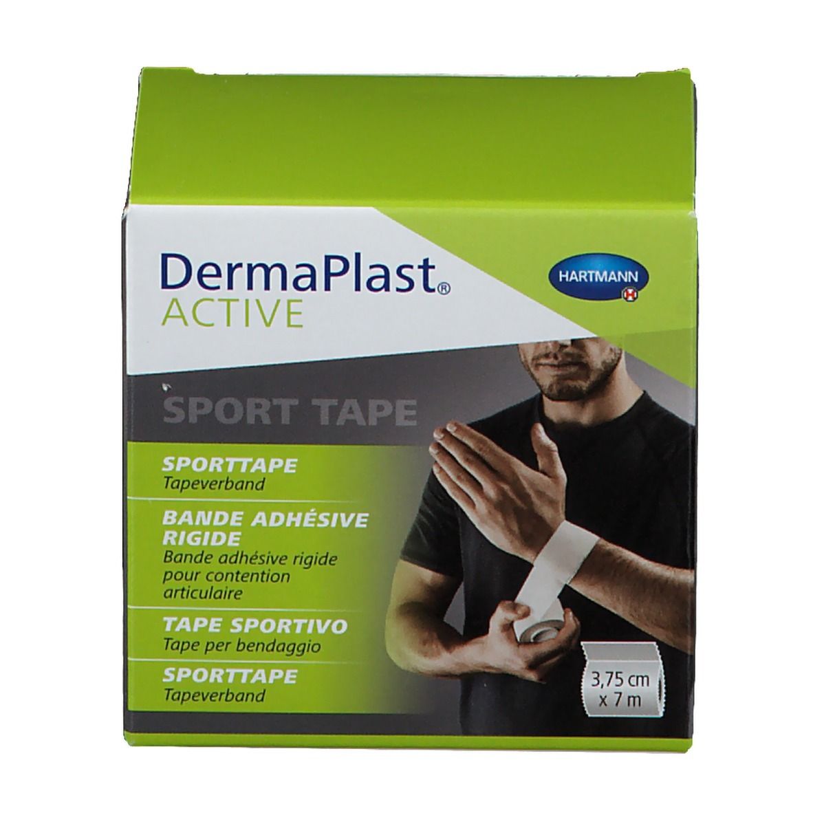 Boîte verte et blanche. Inscription: DermaPlast ACTIVE SPORT TAPE. Illustration d'un homme appliquant du tape sportif sur son poignet. Logo Hartmann.
