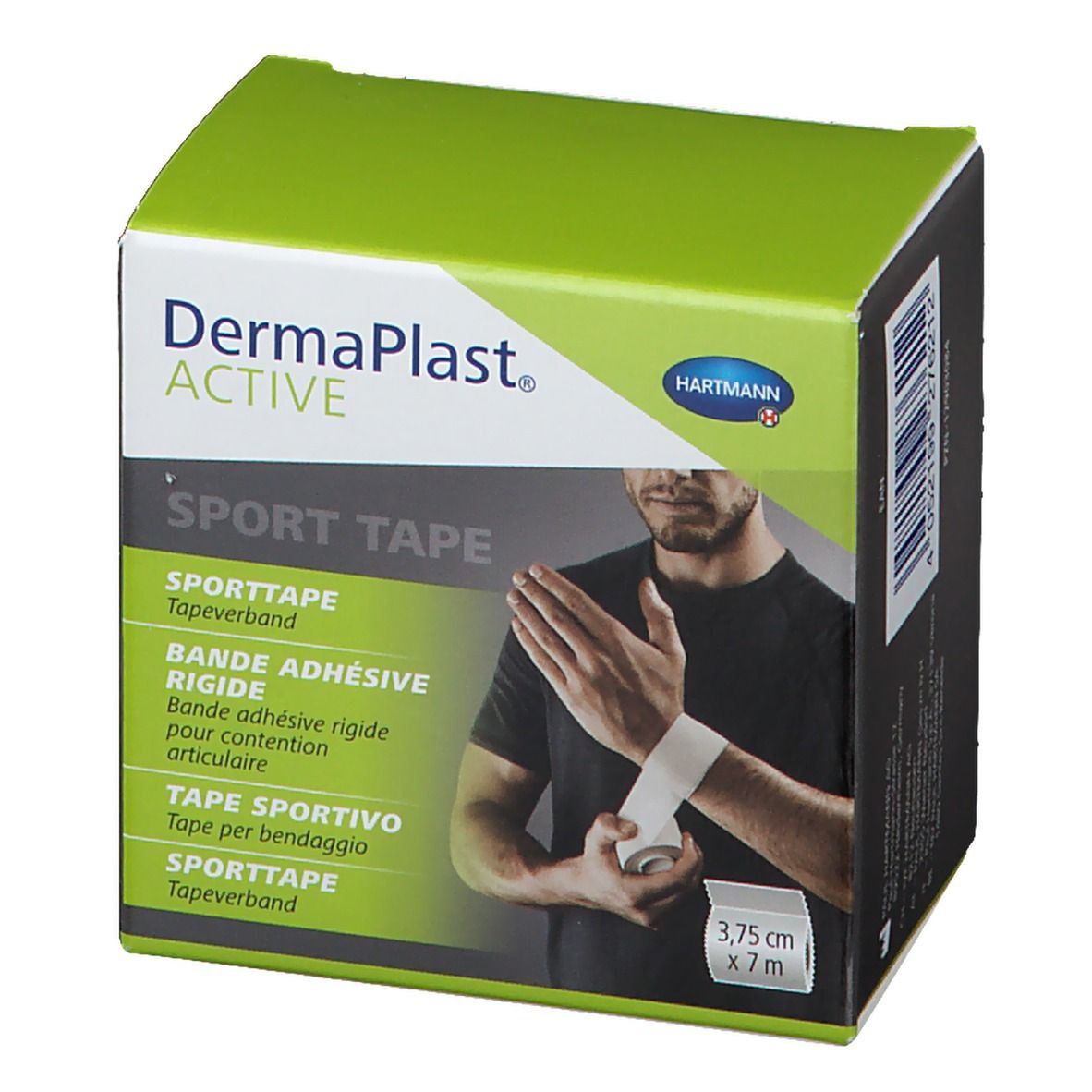 Boîte verte et blanche. Inscription: DermaPlast ACTIVE SPORT TAPE. Illustration d'un homme appliquant du tape sportif sur son poignet. Logo Hartmann.