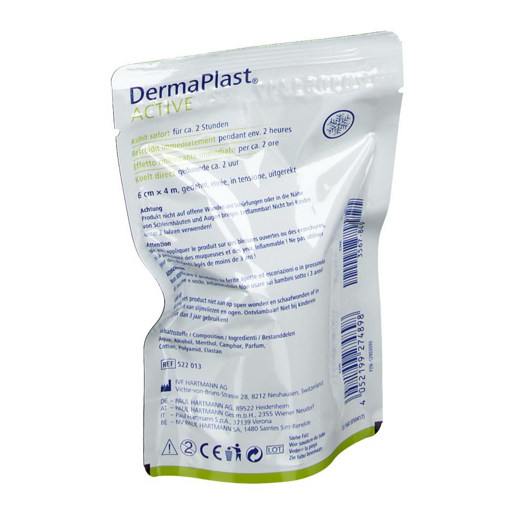 Dos de l'emballage Dermaplast Active CoolFix Bandage. Informations textuelles et détails du produit. Design blanc.