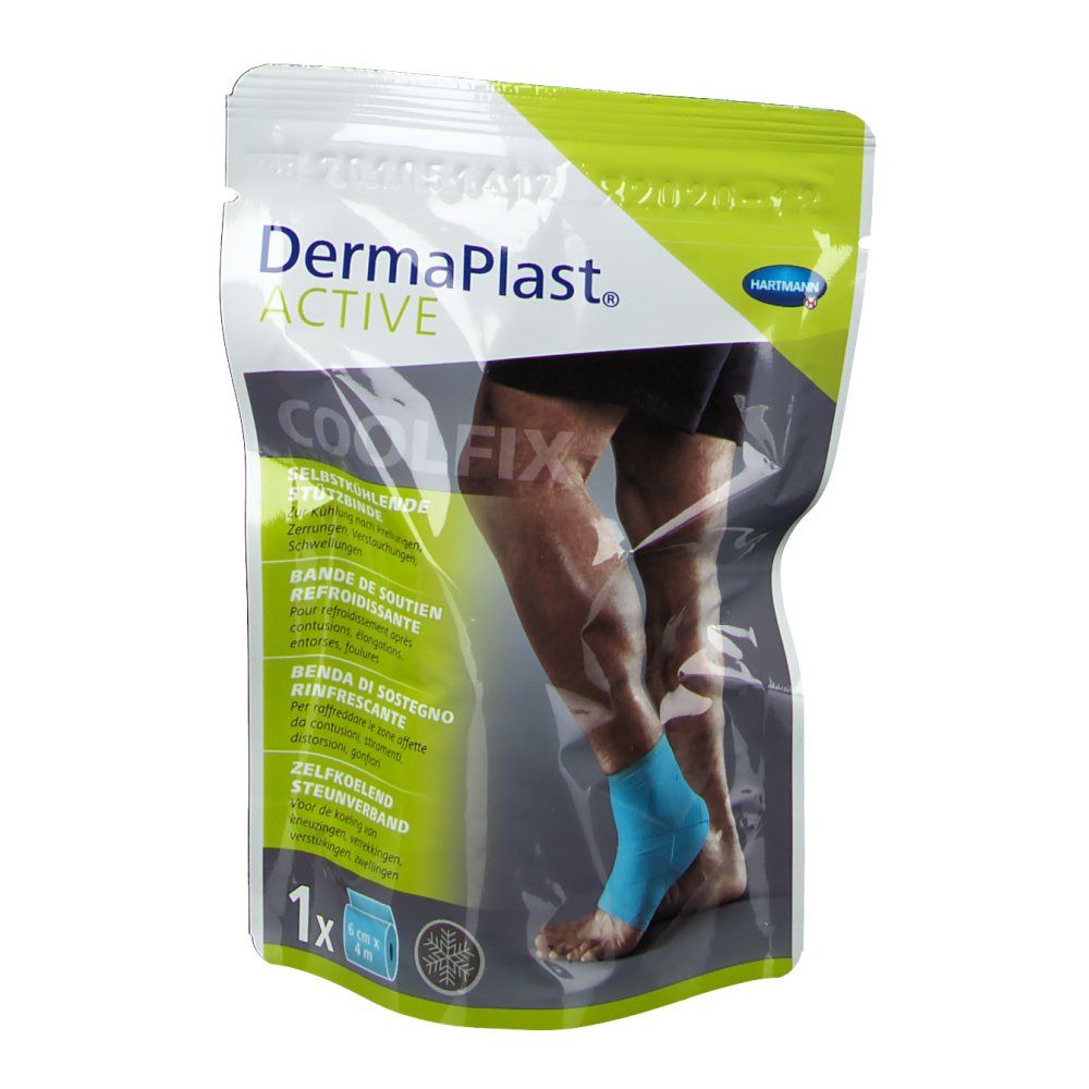 Emballage de Dermaplast Active CoolFix Bandage. Nom du produit, bandage sur la jambe, 6 cm x 4 m. Design vert et blanc.