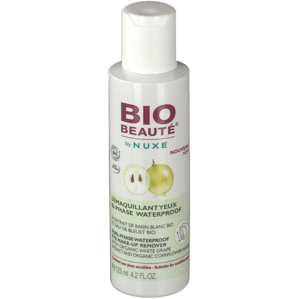 Flacon blanc avec bouchon blanc. Inscription: BIO BEAUTÉ by NUXE. Nom du produit et ingrédients.