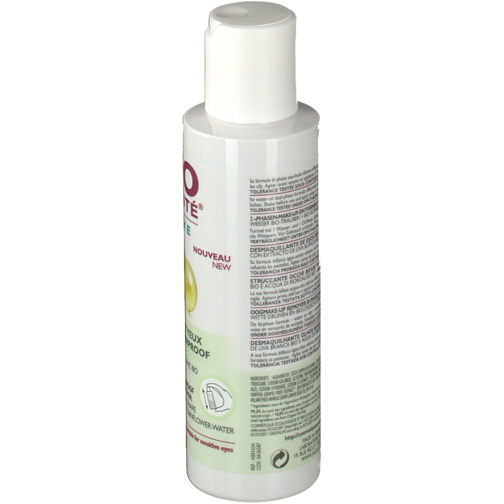 Flacon blanc avec bouchon blanc. Inscriptions et texte au dos. Informations sur le produit.