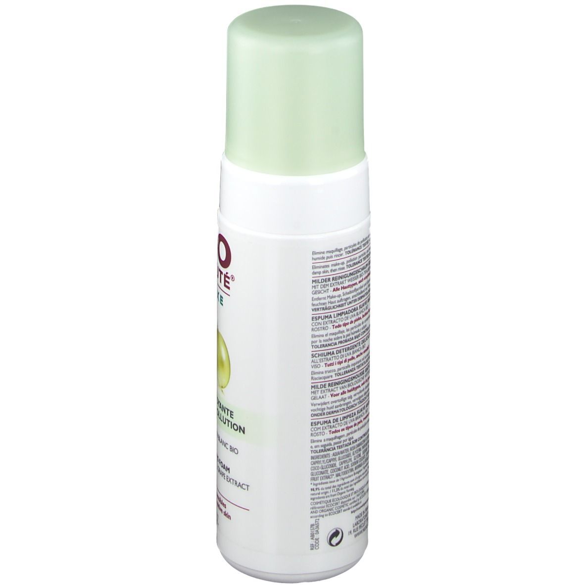 Flacon blanc avec bouchon vert. Inscriptions et texte sur le côté. Dos avec texte. Nom du produit non visible.