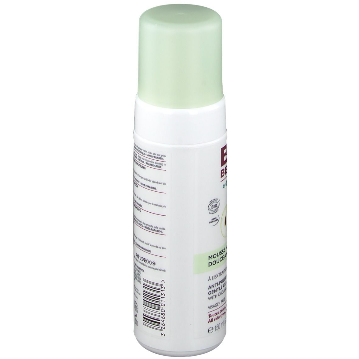 Flacon blanc avec bouchon vert. Inscriptions et texte sur le côté. Dos avec texte. Nom du produit non visible.