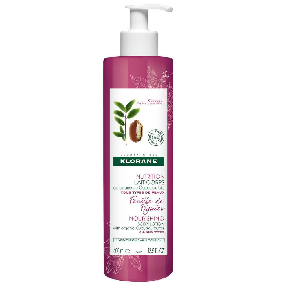 Flacon rouge avec pompe blanche. Étiquette avec logo et nom du produit. Texte : KLORANE, Nutrition Lait Corps, Feulle de Figuier.