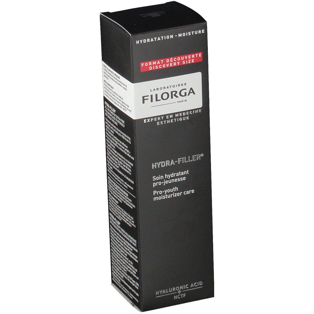 Boîte noire Filorga Hydra-Filler. Texte: Hydra-Filler, Soin hydratant pro-jeunesse, Acide hyaluronique. Format Découverte.
