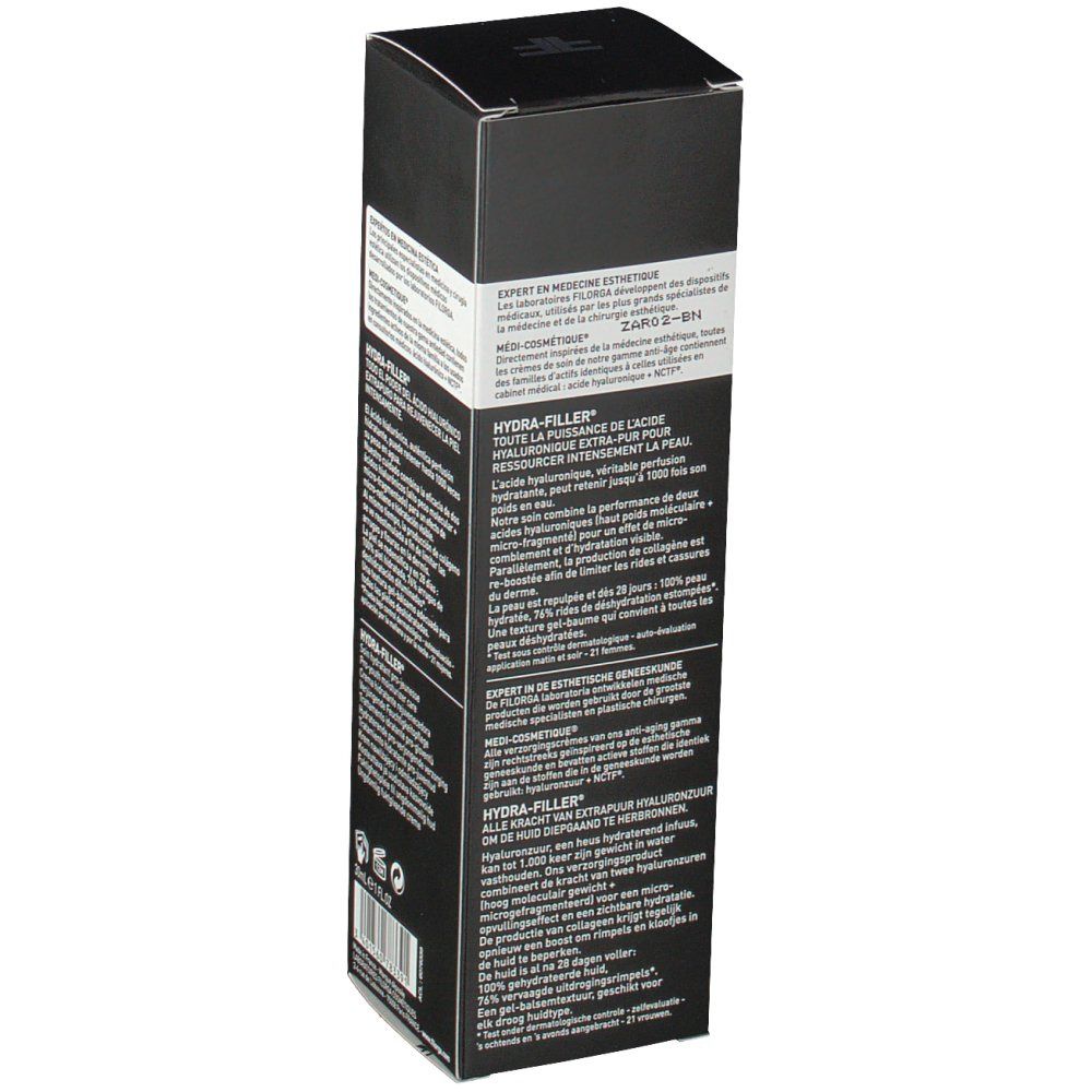 Vue latérale de la boîte noire Filorga Hydra-Filler. Texte: Hydra-Filler, ingrédients, informations fabricant.