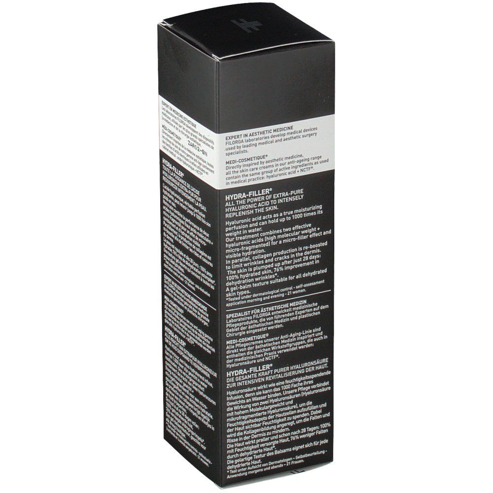 Vue latérale de la boîte noire Filorga Hydra-Filler. Texte: Hydra-Filler, ingrédients, informations fabricant.