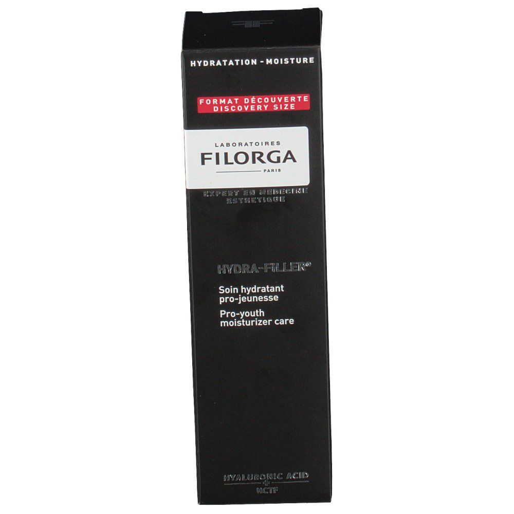 Vue de face de la boîte noire Filorga Hydra-Filler. Texte: Hydra-Filler, Soin hydratant pro-jeunesse, Acide hyaluronique.
