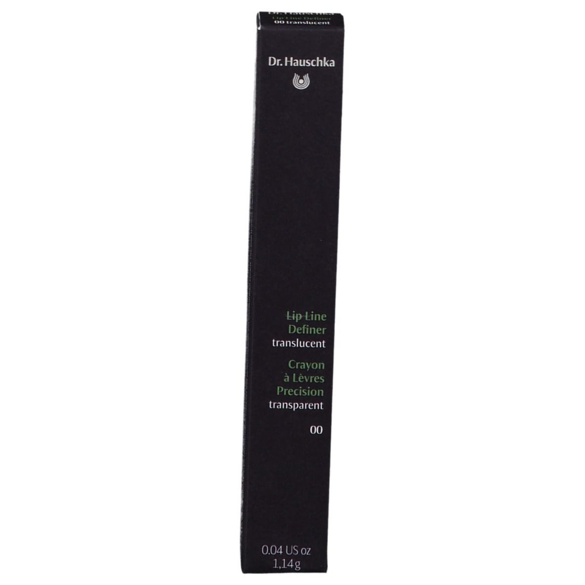 Emballage noir avec nom du produit: Lip Line Definer transparent 00. Marque: Dr. Hauschka. Poids: 1.14g.