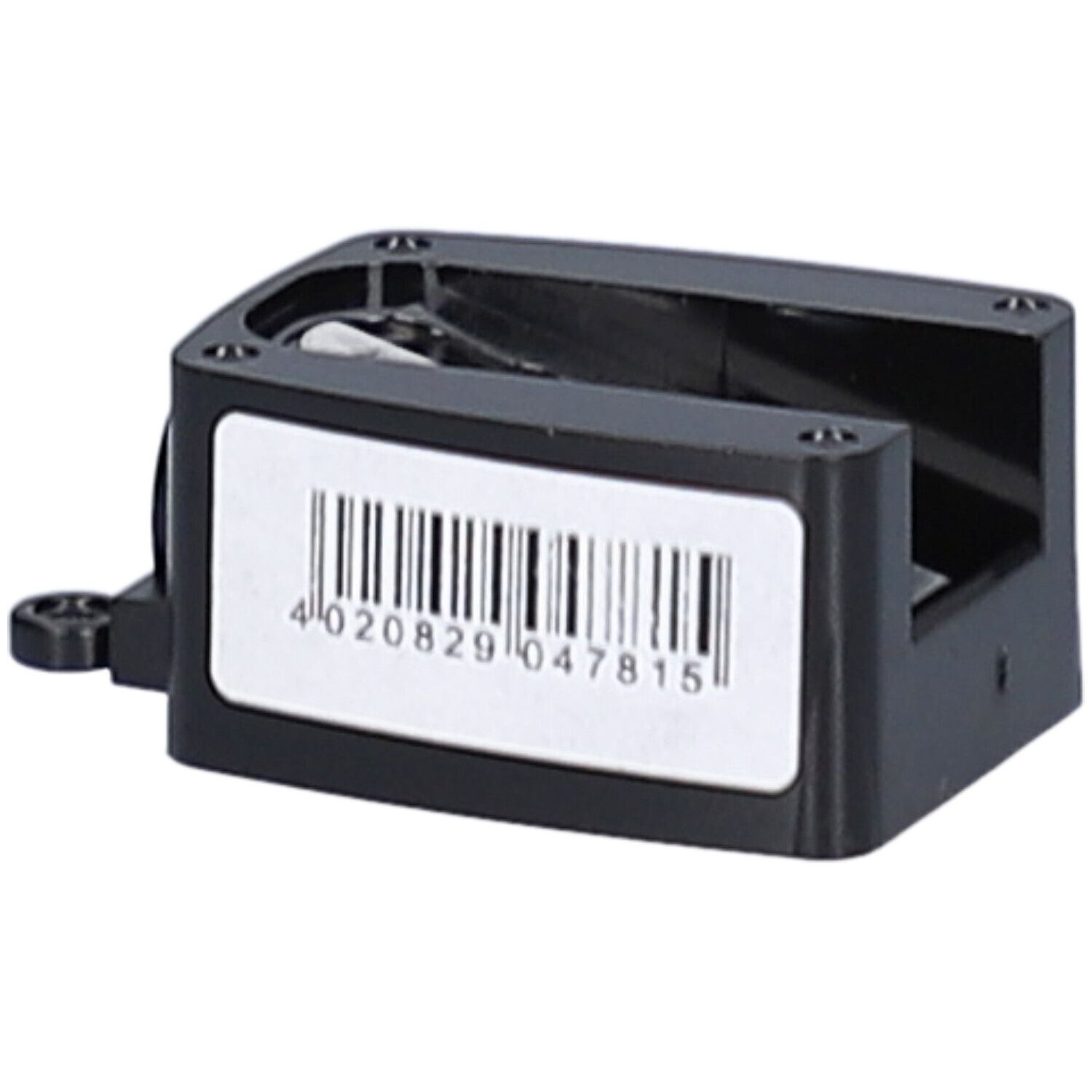 Taille-crayon noir avec autocollant code-barres. Le code-barres est lisible.