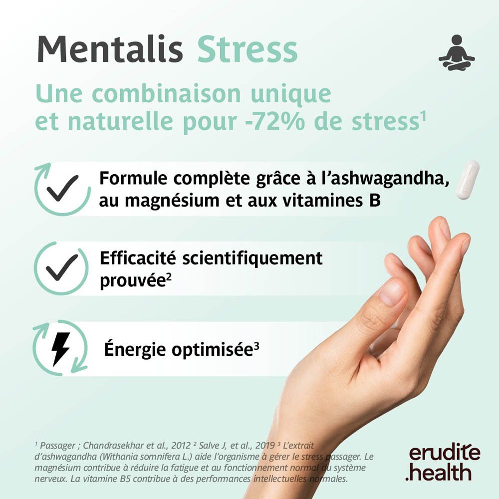 Boîte Trenker Mentalis Stress 30 gélules, femme en posture de méditation.