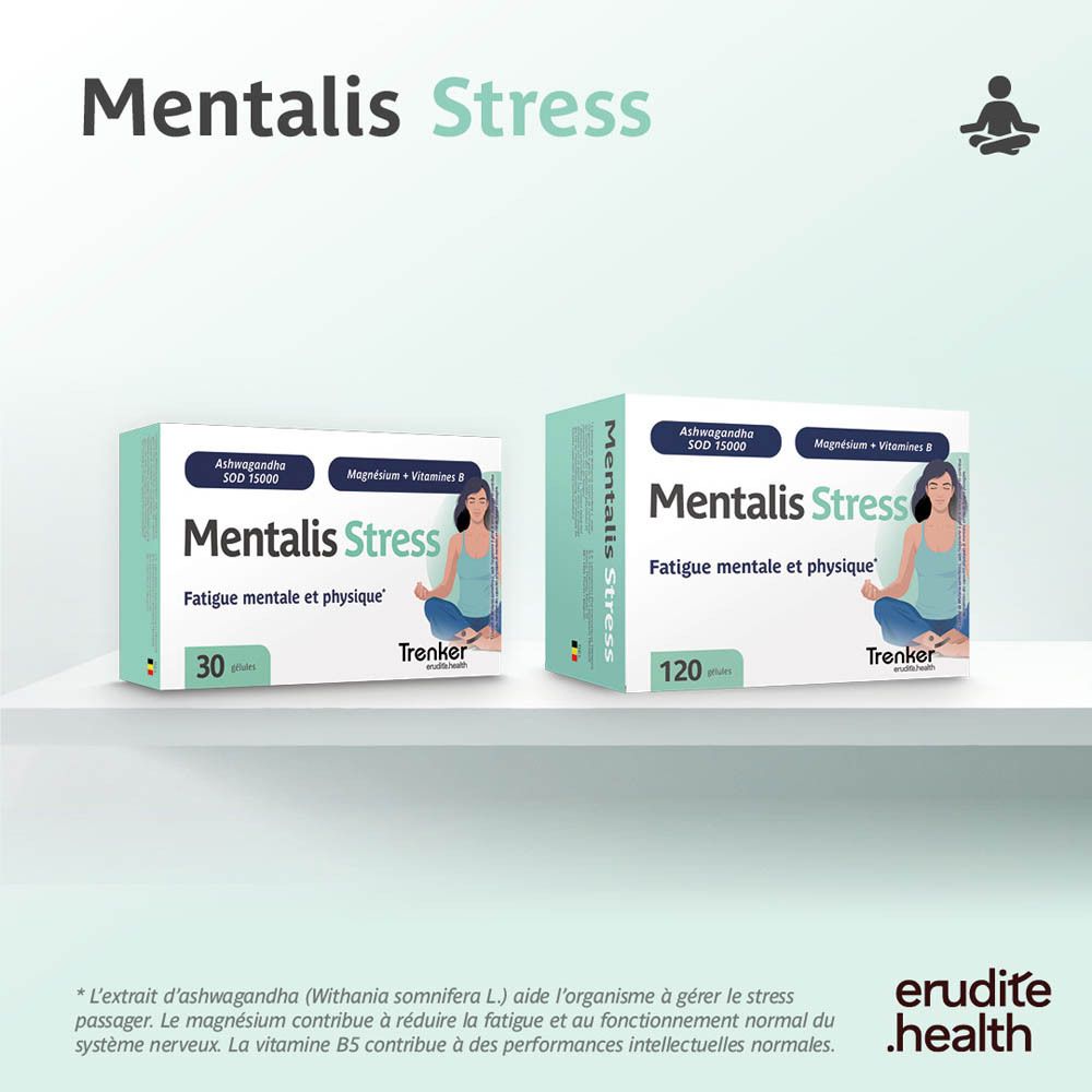 Boîte Trenker Mentalis Stress 30 gélules, femme en posture de méditation.