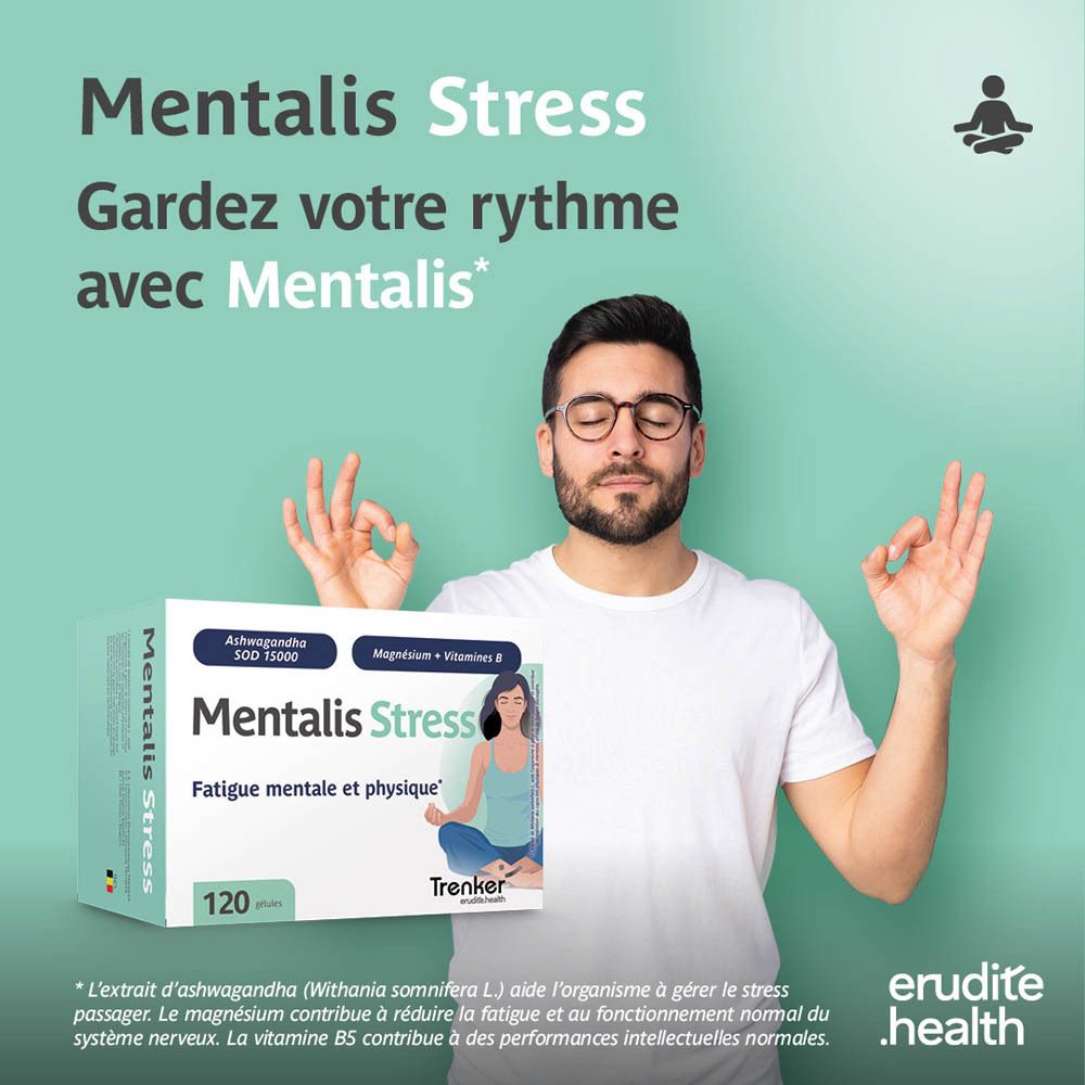 Boîte de Mentalis Stress 120 gélules, Ashwagandha, Magnésium et Vitamines B.