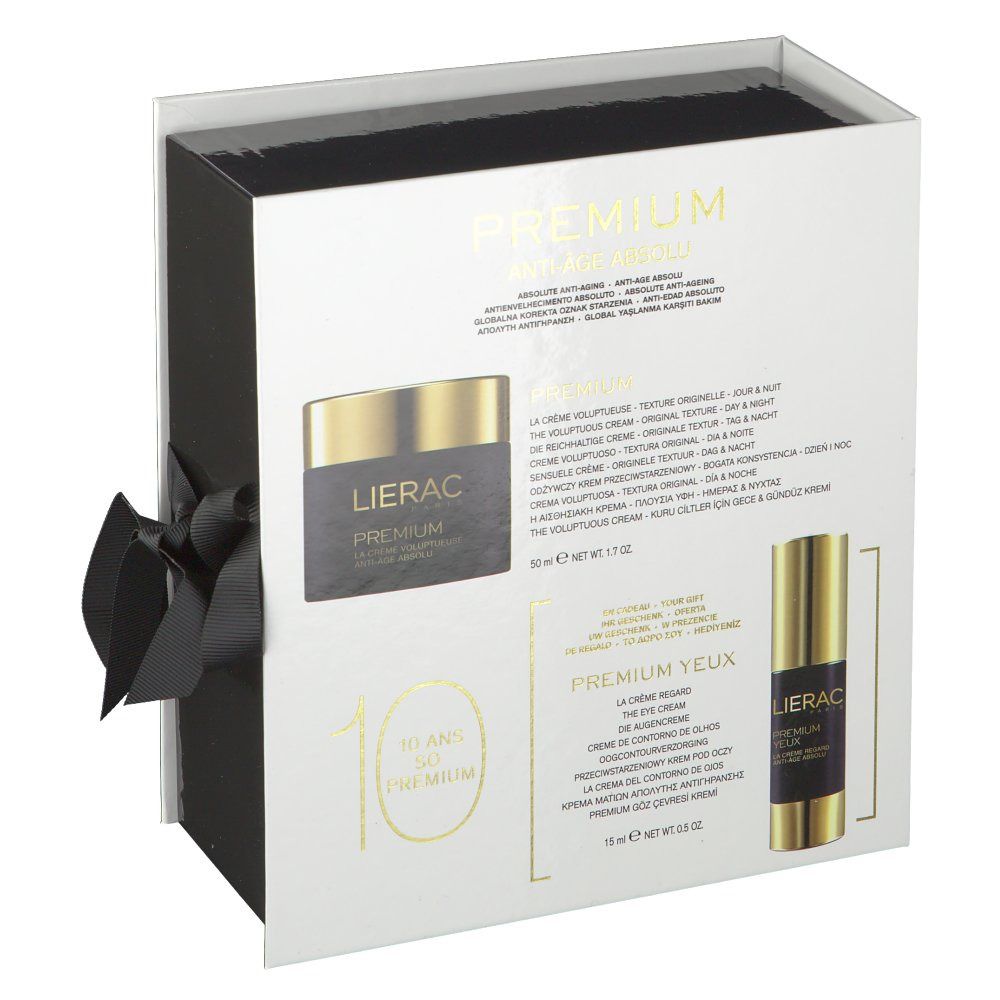 Dos du coffret cadeau crème et contour des yeux. Texte multilingue. Logo et illustrations.