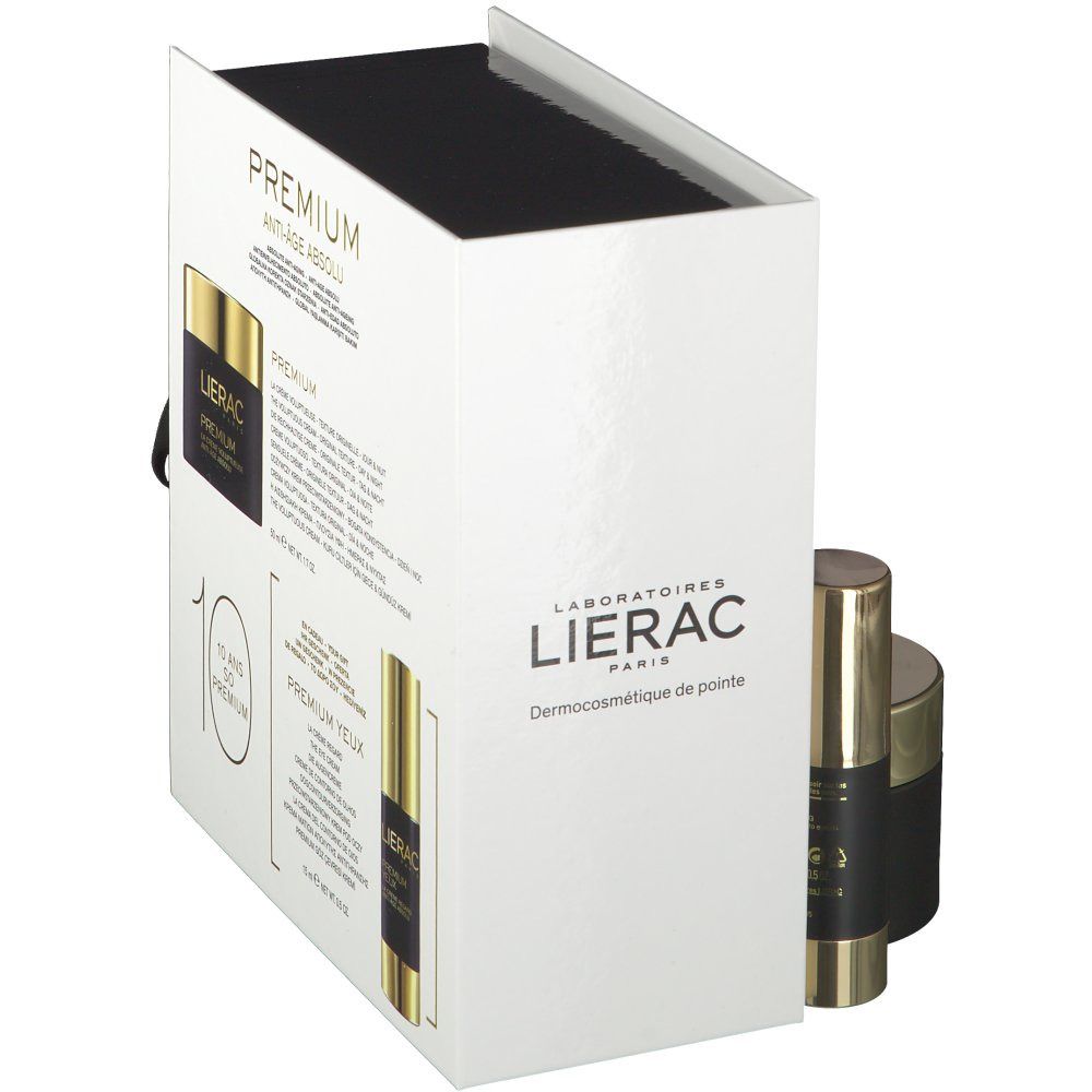 Coffret cadeau crème et contour des yeux. Pots et flacon noirs et dorés. Logo et texte sur la boîte.