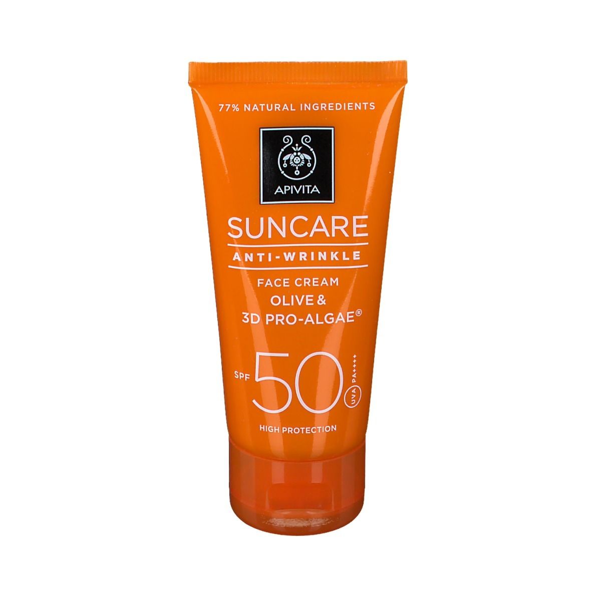 Tube orange Apivita Suncare Anti-Wrinkle Face Cream SPF50. Ingrédients naturels 77%. Crème solaire.