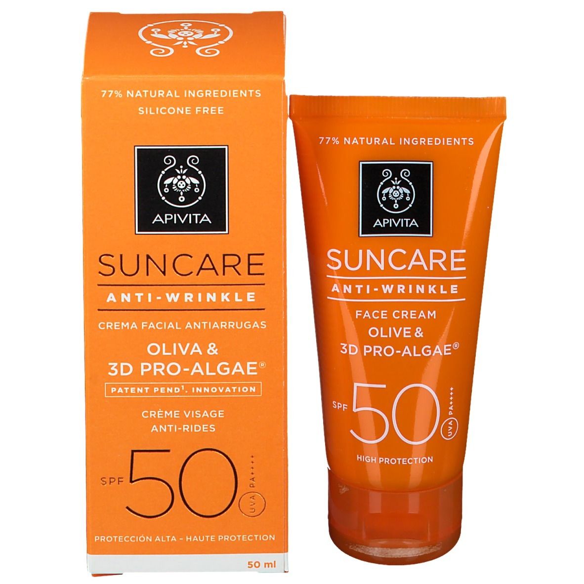 Apivita Suncare Anti-Wrinkle Face Cream SPF50. Tube et boîte. 77% ingrédients naturels. 50 ml.