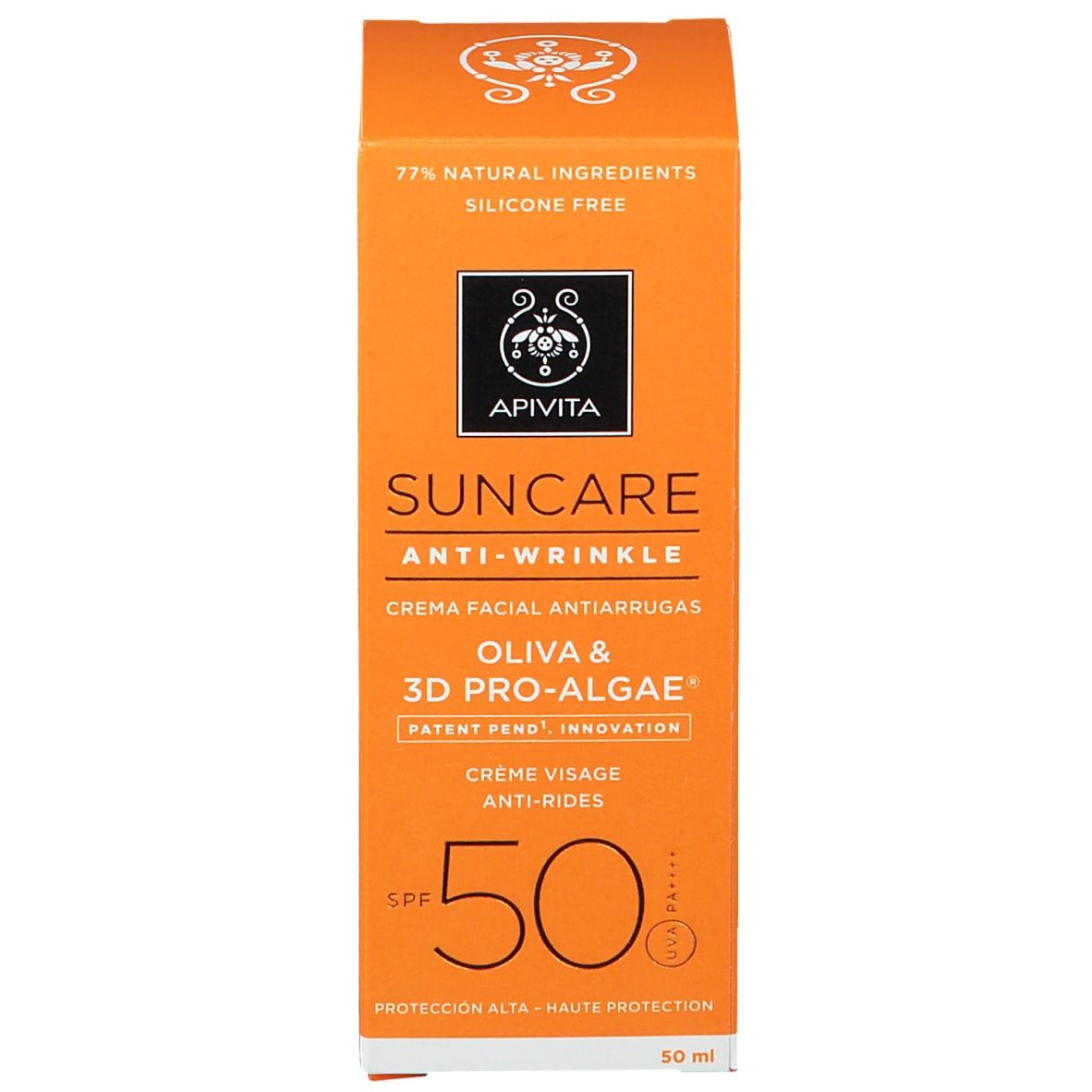 Boîte Apivita Suncare Anti-Wrinkle Face Cream SPF50. 77% ingrédients naturels. 50 ml.
