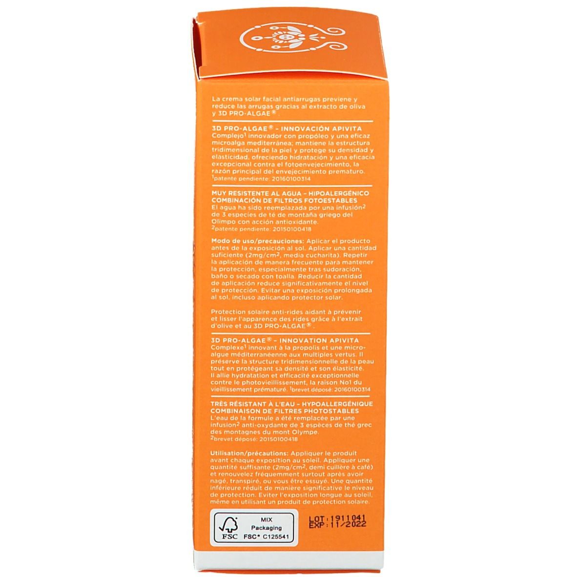 Dos de la boîte. Texte: Anti-Wrinkle Face Cream. 3D Pro-Algae. Résistant à l'eau. Certification FSC.