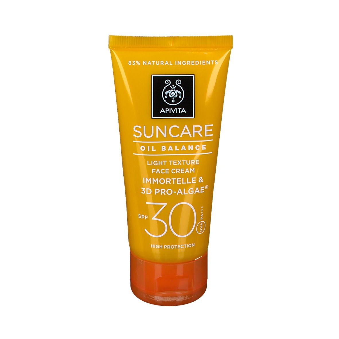 Tube jaune de crème solaire. Inscription : Apivita Suncare Oil Balance, régulateur de lumière, SPF 30.