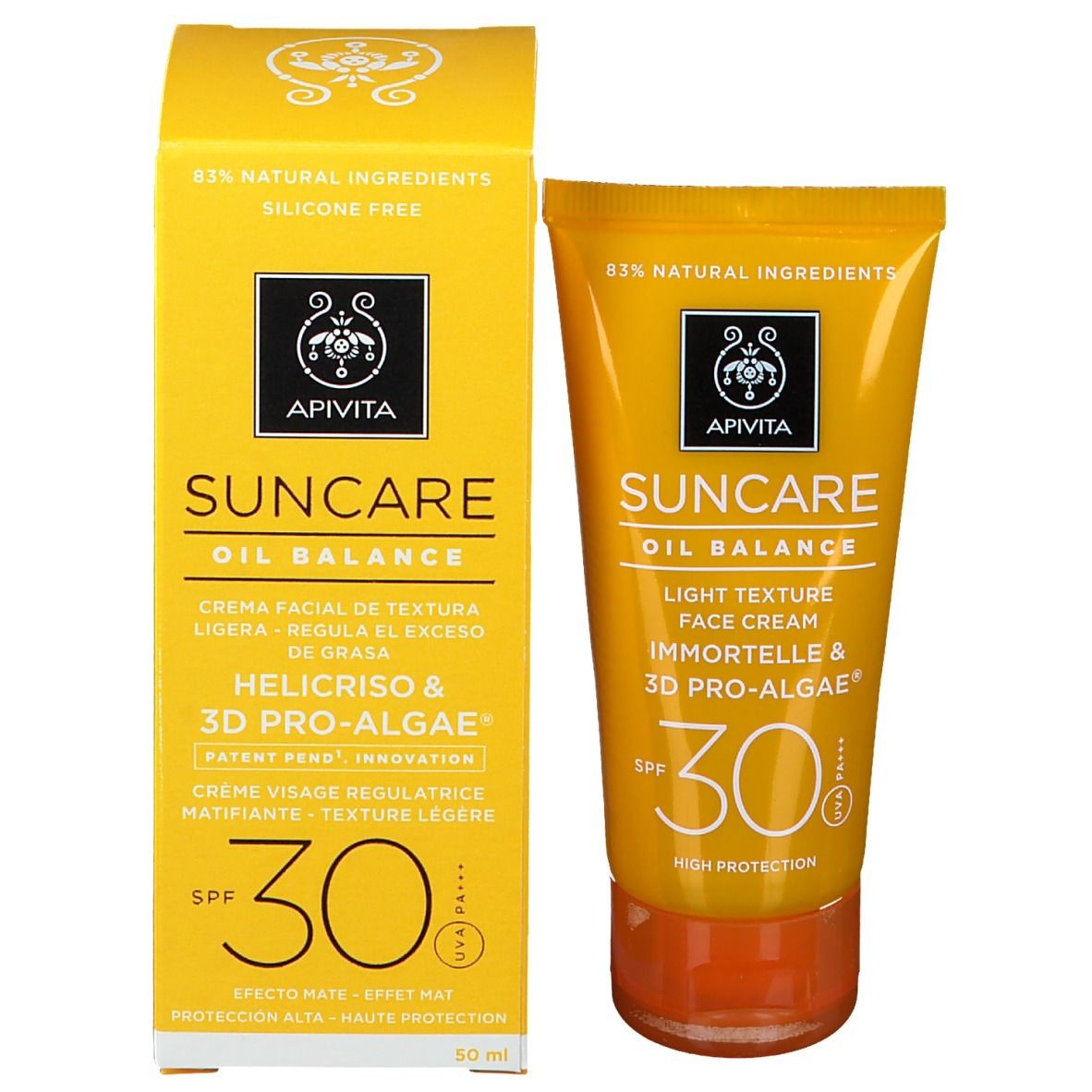 Tube et boîte de crème solaire. Inscription : Apivita Suncare Oil Balance, SPF 30. Emballage jaune.
