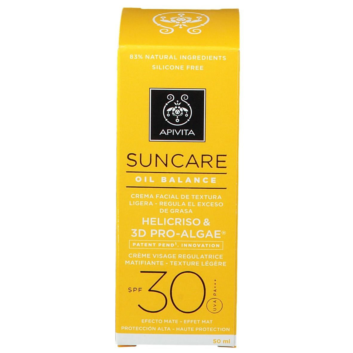 Boîte jaune de crème solaire. Inscription : Apivita Suncare Oil Balance, SPF 30. Texte et logo.