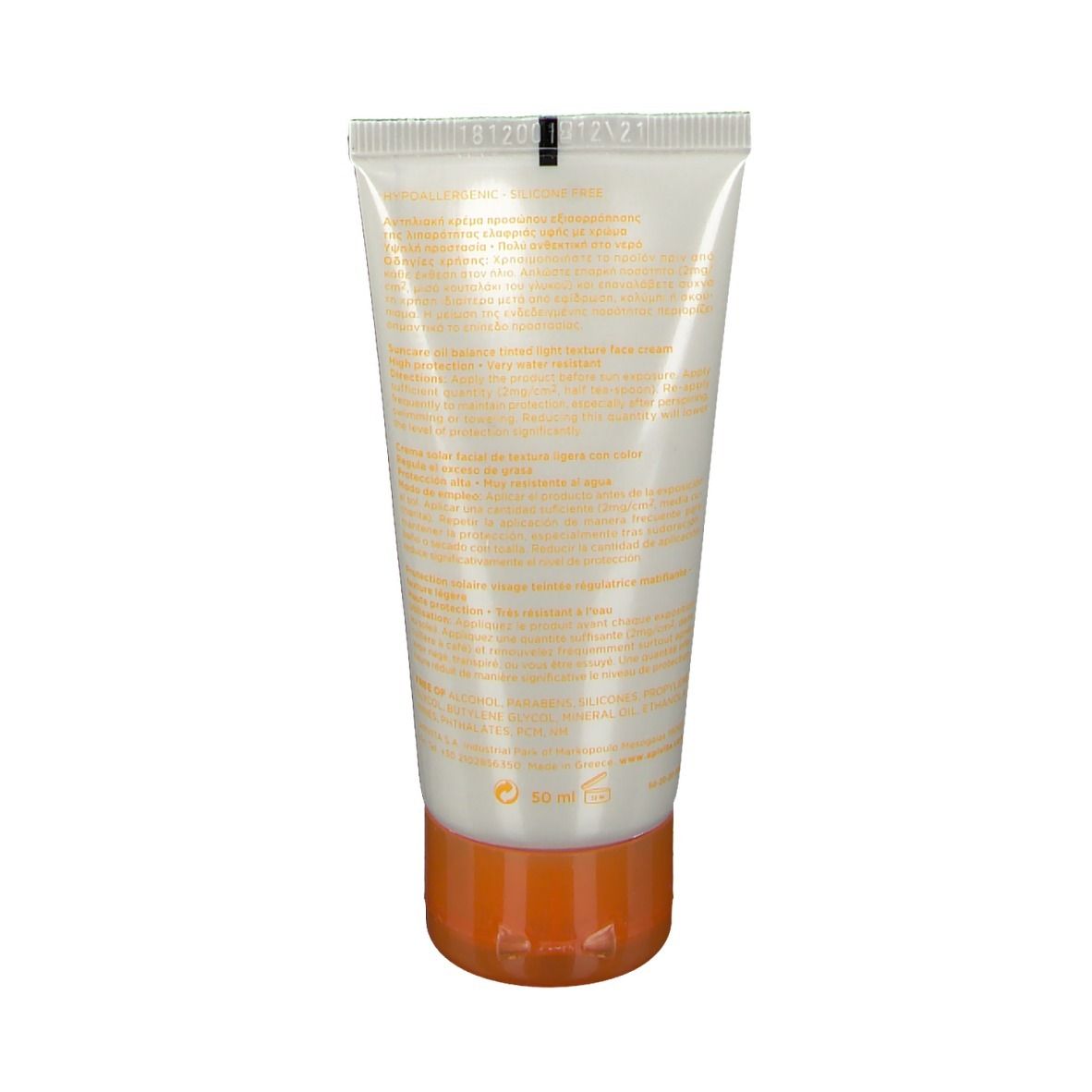 Dos d'un tube blanc avec bouchon orange. Texte en anglais et autres langues. 50 ml.