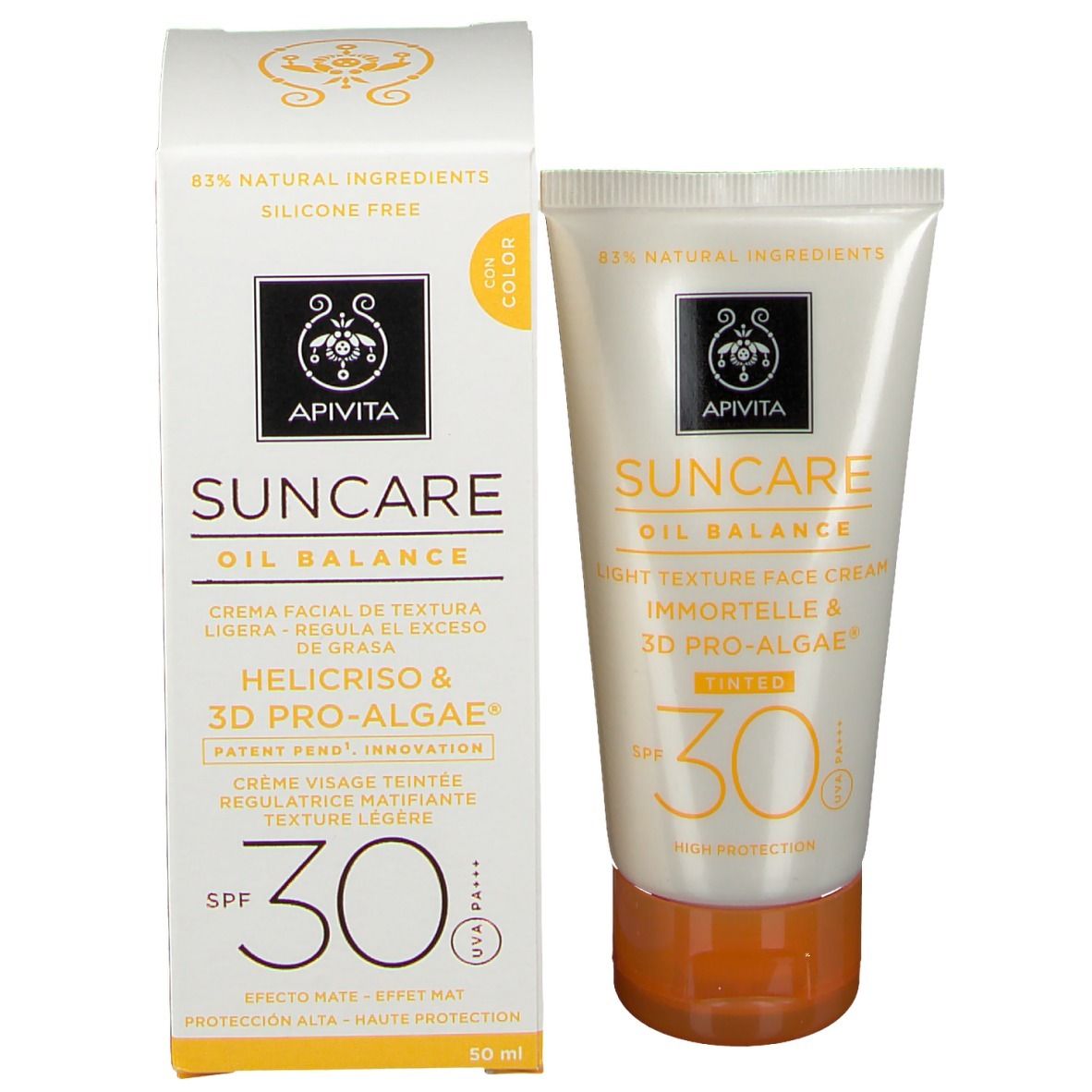 Emballage et tube. Emballage : blanc, inscription : Apivita Suncare Oil Balance, SPF30. Tube : blanc, bouchon orange.