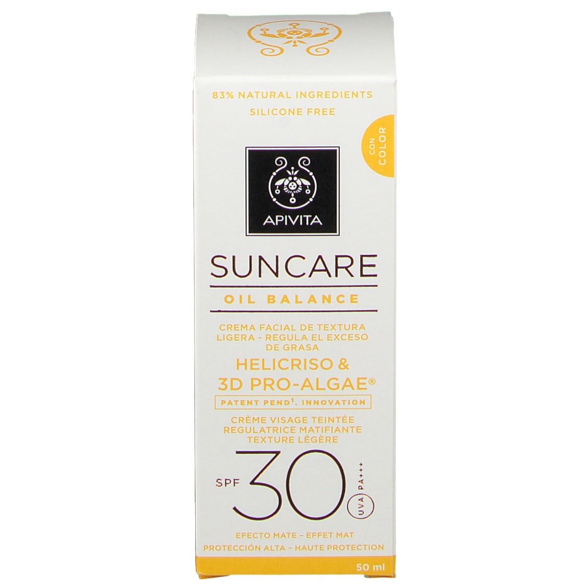 Emballage blanc. Inscription : Apivita Suncare Oil Balance, SPF30. 83% ingrédients naturels. Sans silicone. 50 ml.