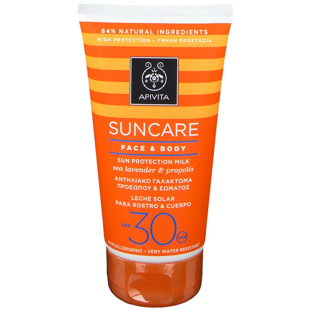 Tube de crème solaire Apivita Suncare Face & Body SPF30. Ingrédients naturels à 84%. Protection solaire visage et corps.
