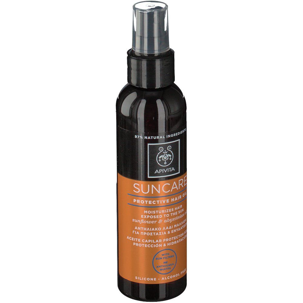 Flacon foncé avec vaporisateur. Inscription : APIVITA Suncare Protective Hair Oil. Contient 98% d'ingrédients naturels.