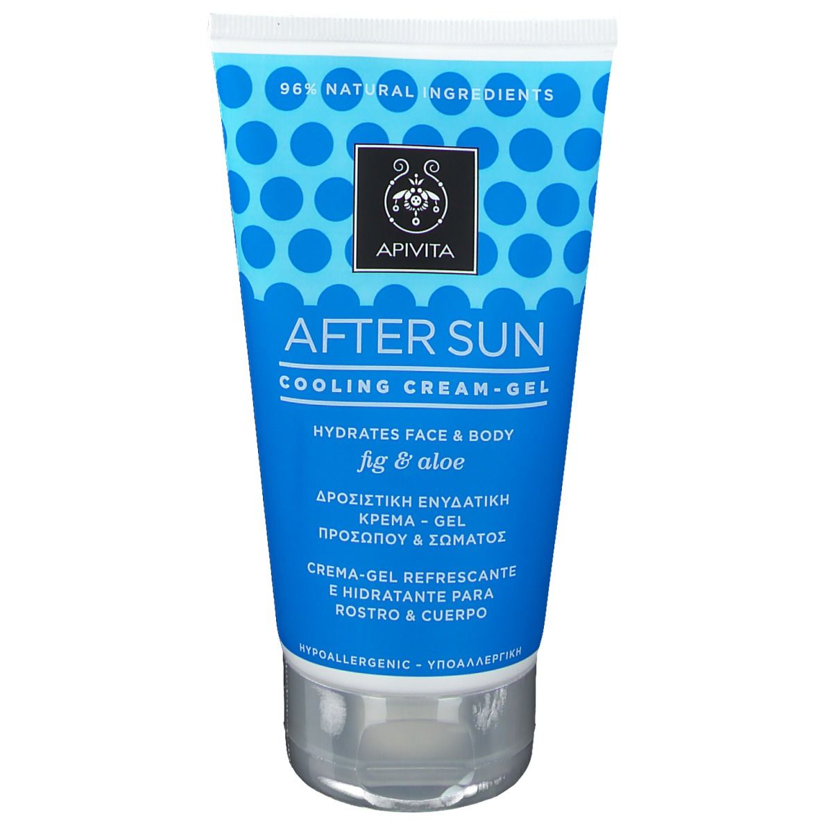 Tube bleu "Apivita After Sun". Ingrédients naturels à 96%. Crème-gel rafraîchissante pour visage et corps.