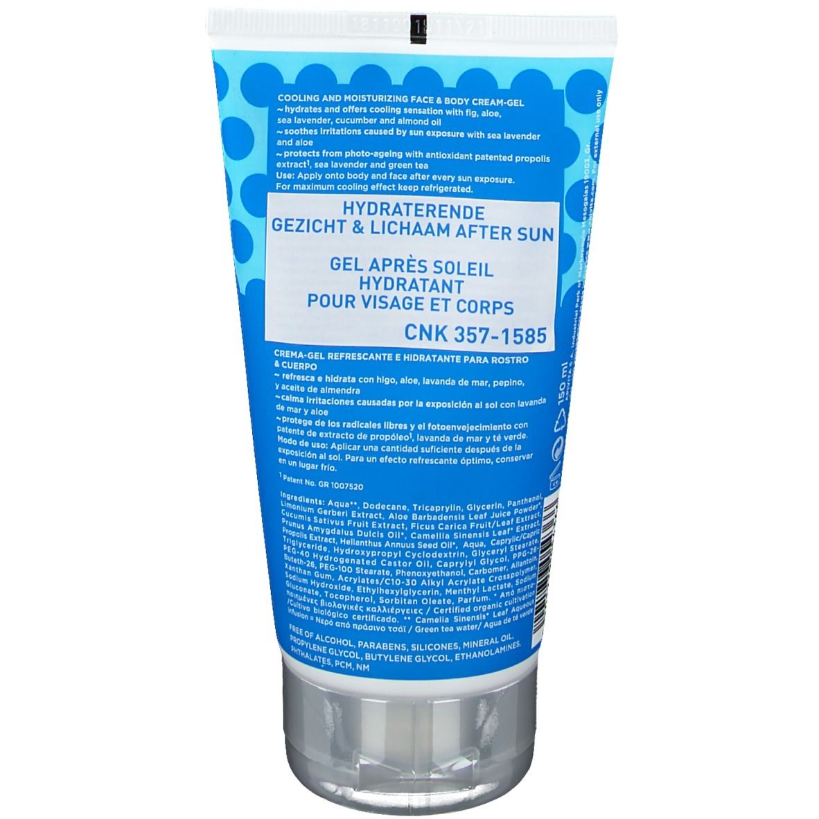 Dos du tube bleu. Texte multilingue. Contient aloe vera et lavande de mer.