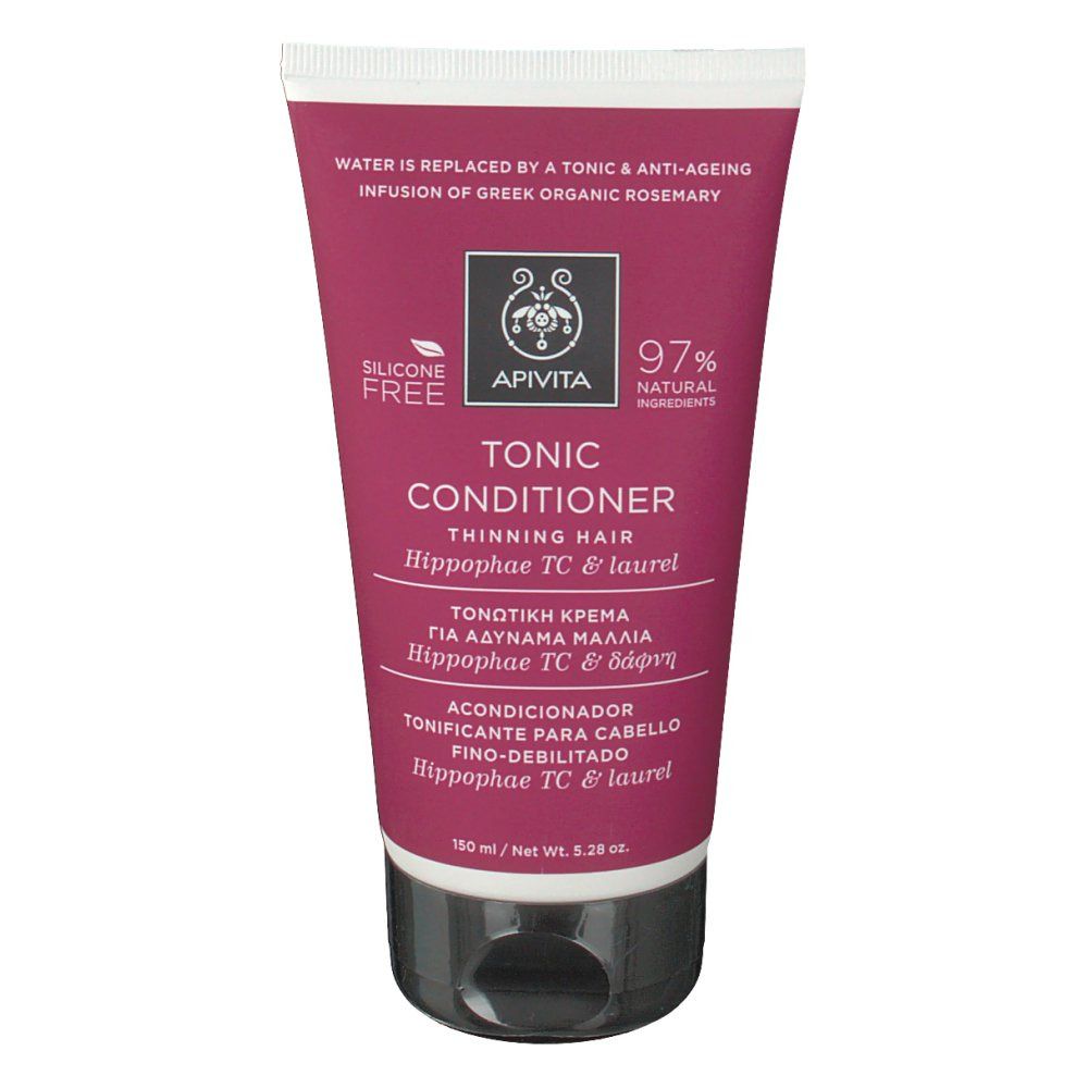 Tube rose et blanc. Logo Apivita, texte: Tonic Conditioner, cheveux clairsemés. 97% naturel. 150 ml.