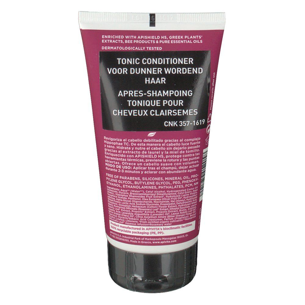 Tube rose et blanc. Texte: Tonic Conditioner, cheveux clairsemés. CNK 357-1619. Texte au dos.