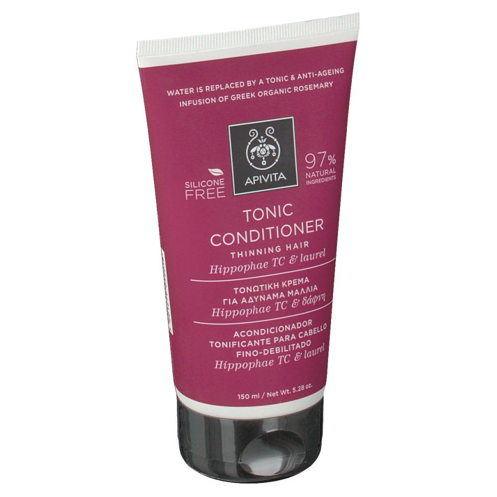 Tube rose et blanc. Logo Apivita, texte: Tonic Conditioner, cheveux clairsemés. 97% naturel. 150 ml.