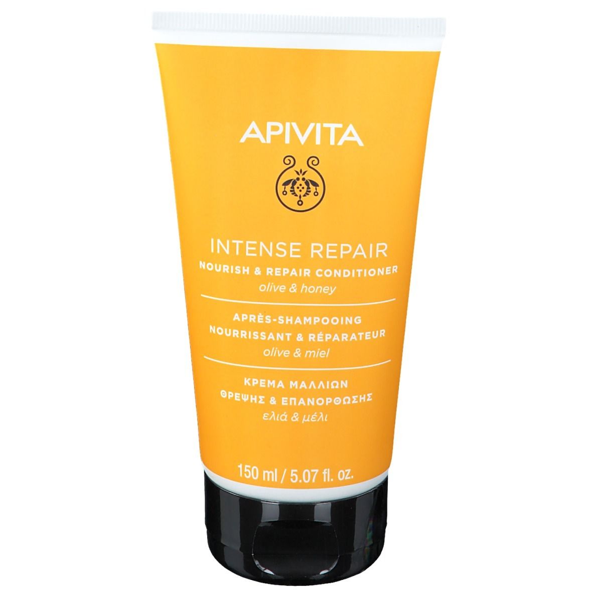 Tube jaune avec bouchon noir. Inscription: Apivita, Intense Repair, après-shampooing. Olive & miel. 150 ml.