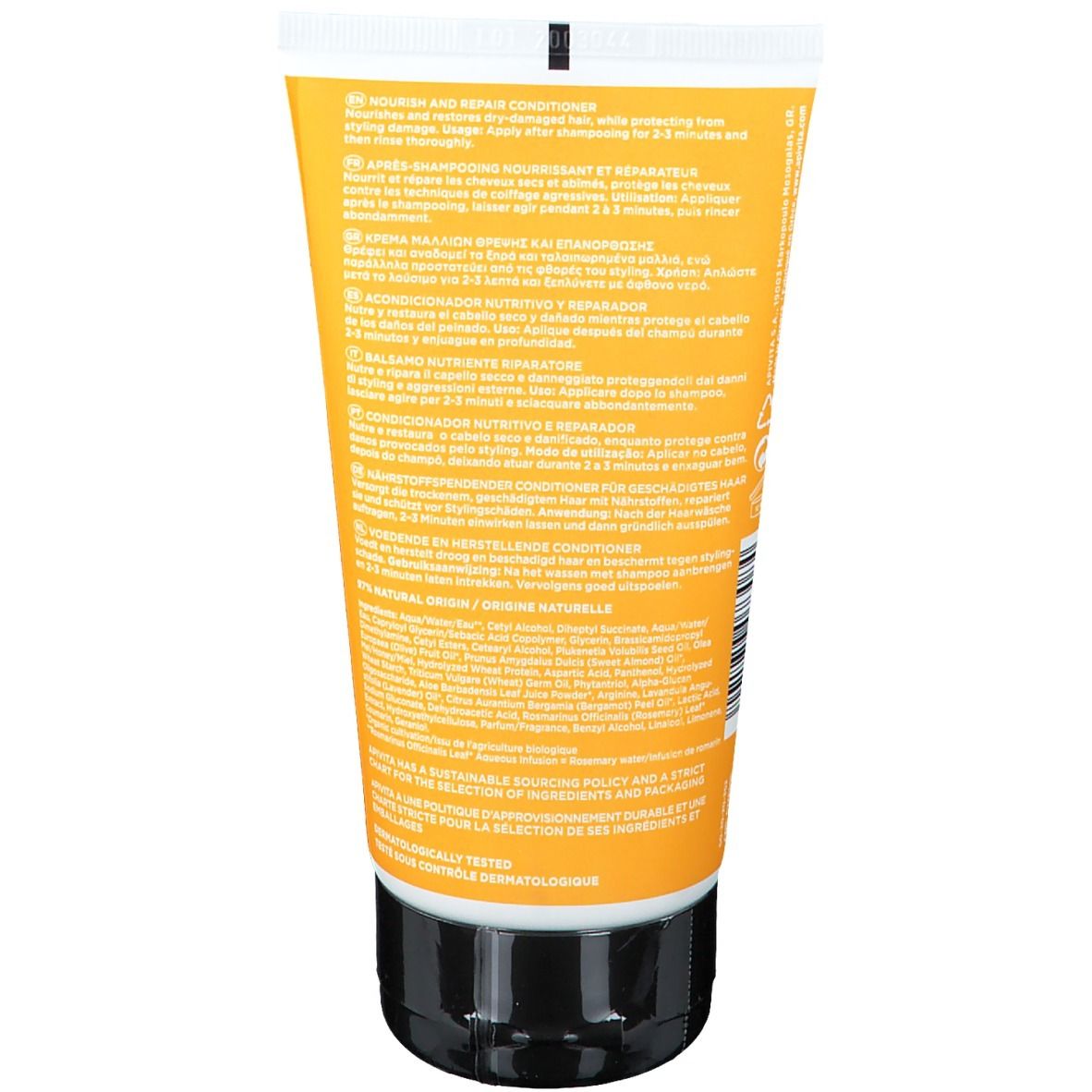 Dos du tube jaune. Texte multilingue. Contient des informations sur l'utilisation et les ingrédients.