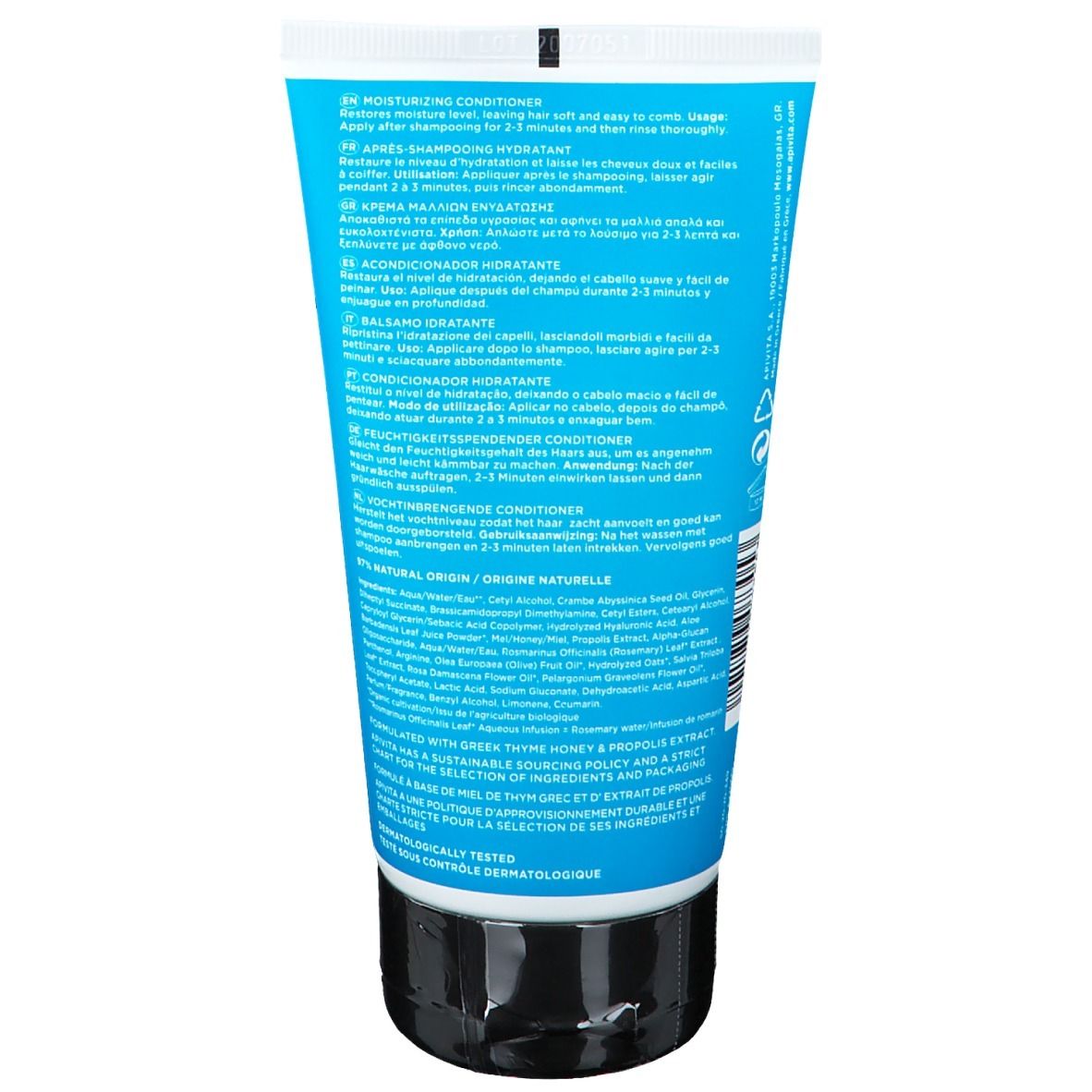 Dos du tube turquoise. Texte multilingue, dont le français. Ingrédients et instructions d'utilisation.