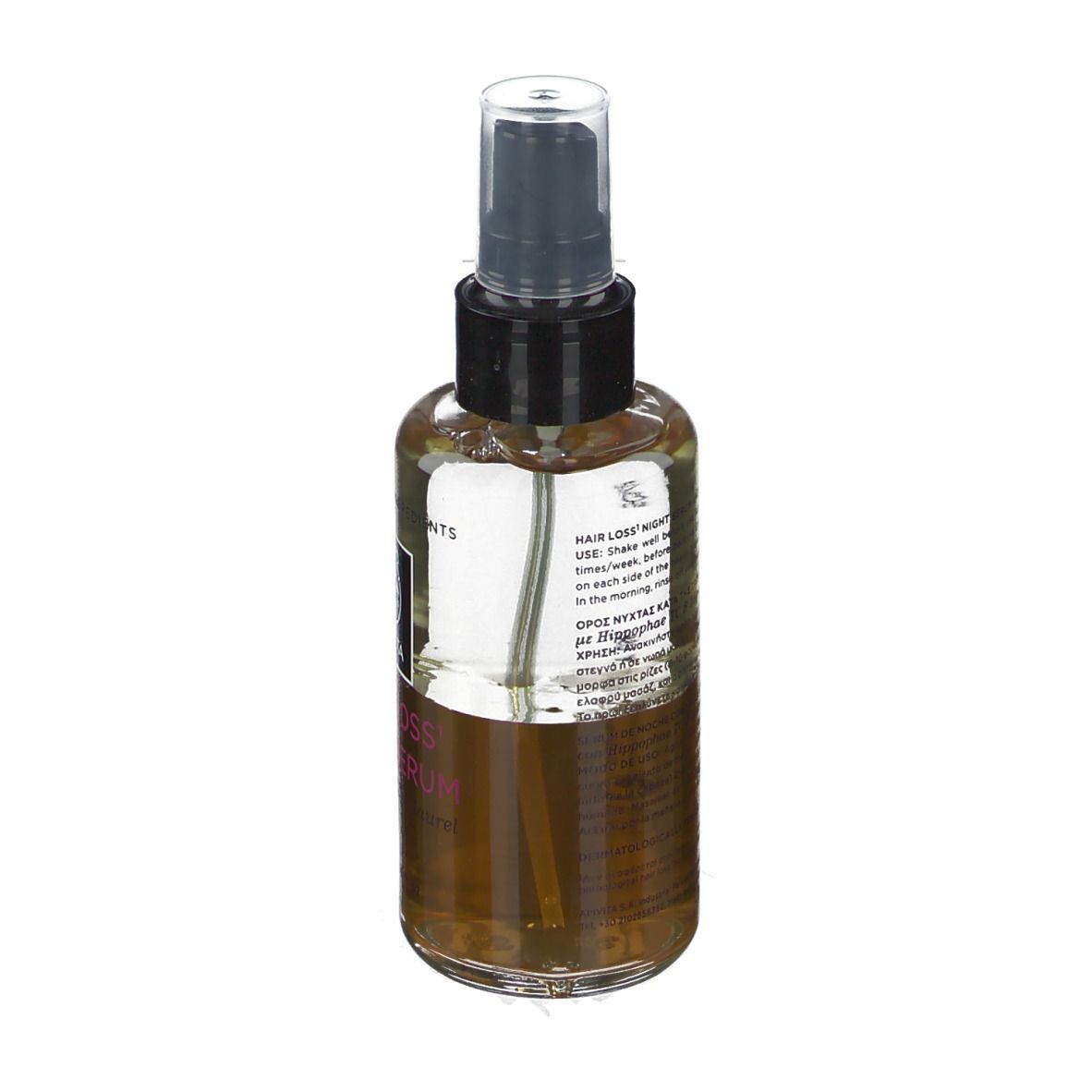 Dos d'un flacon pulvérisateur avec liquide brun. Tête de pulvérisation noire. Texte sur l'étiquette.