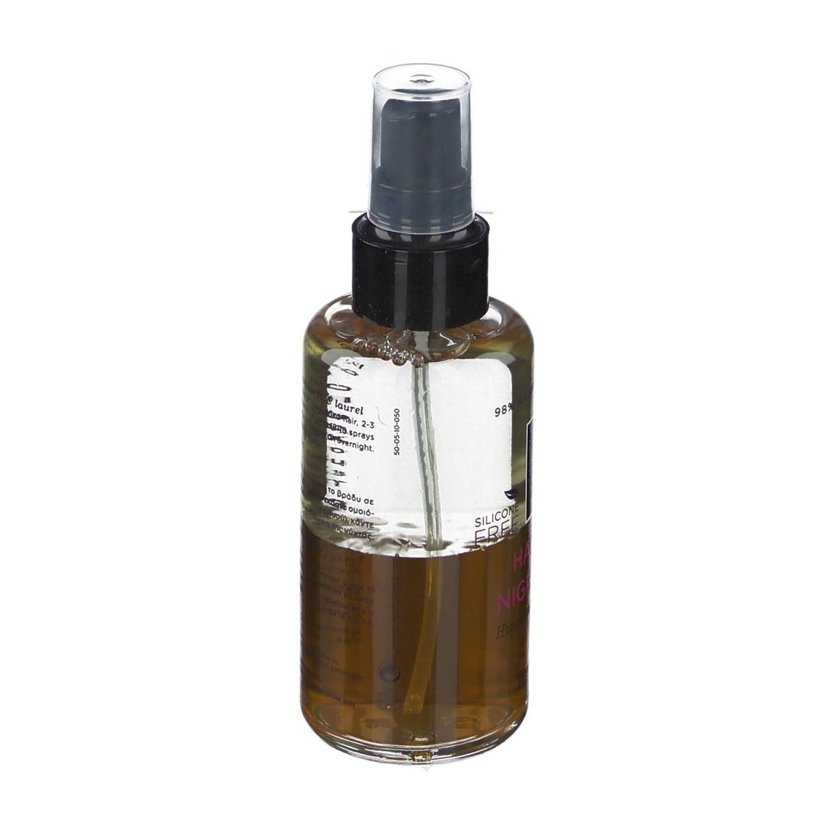 Dos d'un flacon pulvérisateur avec liquide brun. Tête de pulvérisation noire. Texte sur l'étiquette.