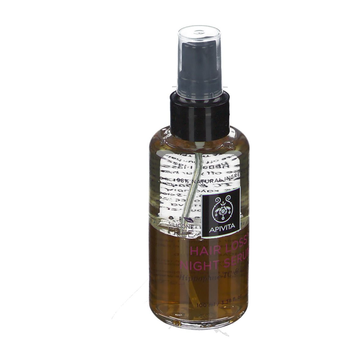 Flacon pulvérisateur avec liquide brun. Tête de pulvérisation noire. Inscription : Apivita Hair Loss Night Serum.