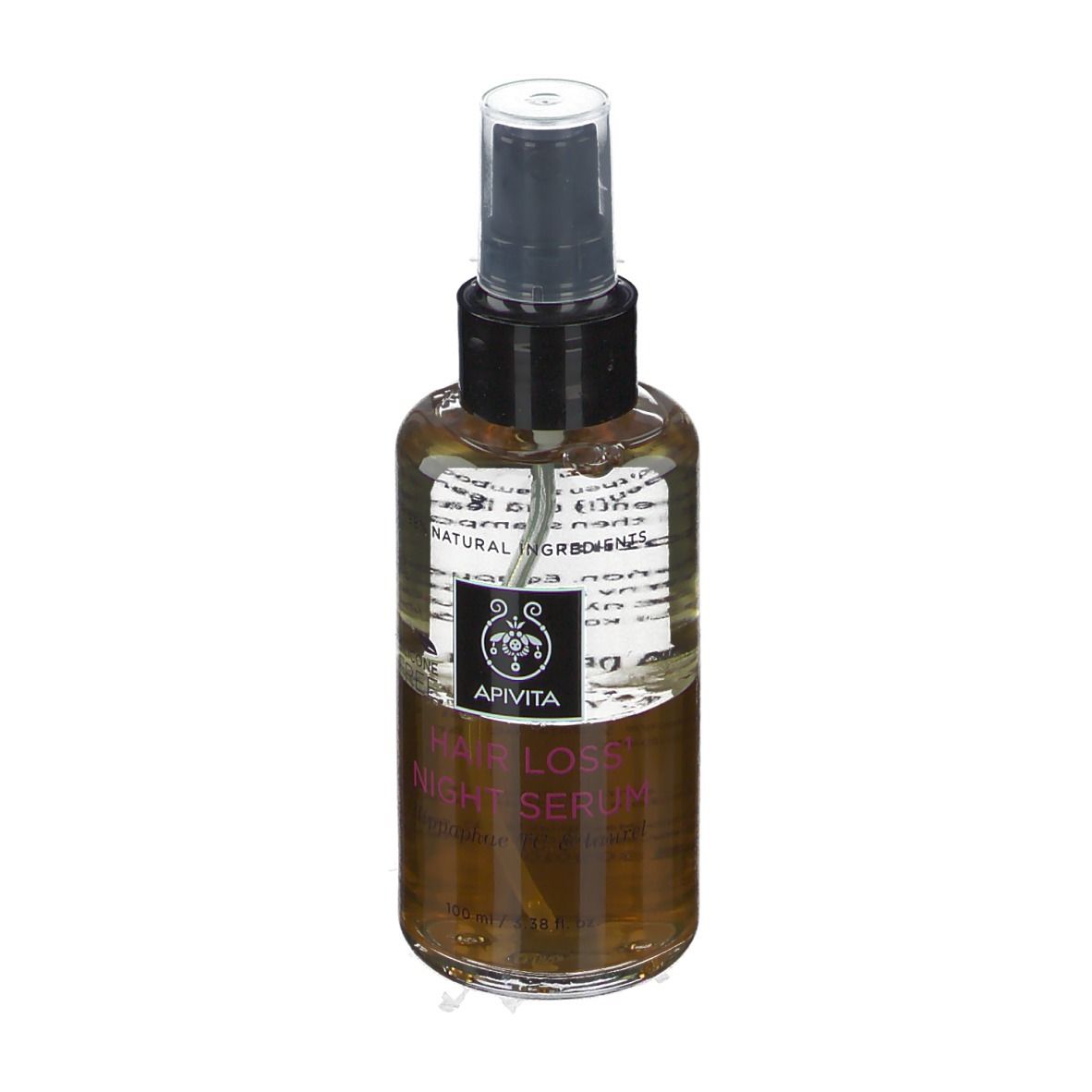 Flacon pulvérisateur avec liquide brun. Tête de pulvérisation noire. Inscription : Apivita Hair Loss Night Serum.