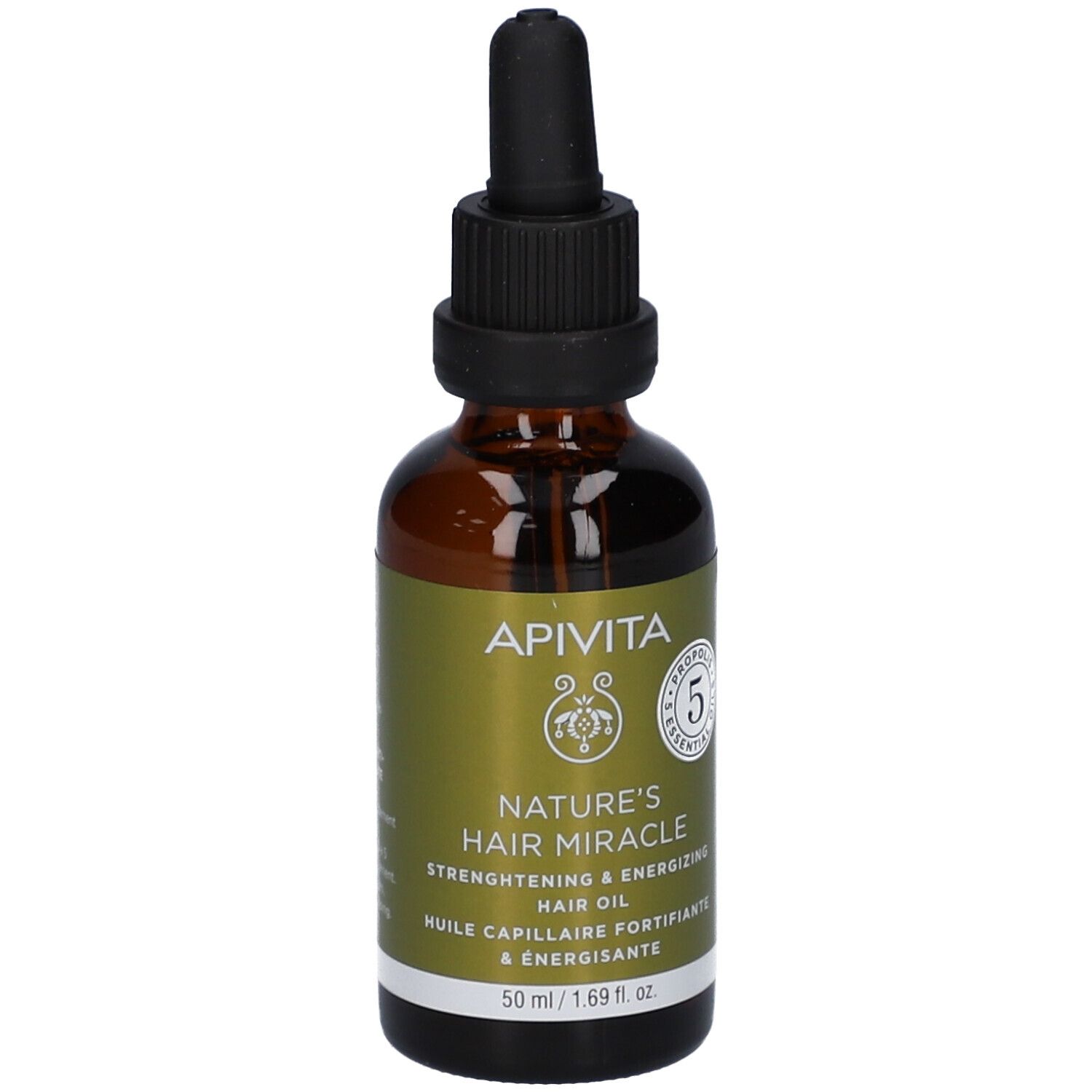 Flacon en verre brun avec compte-gouttes, contient 50 ml d'huile capillaire.