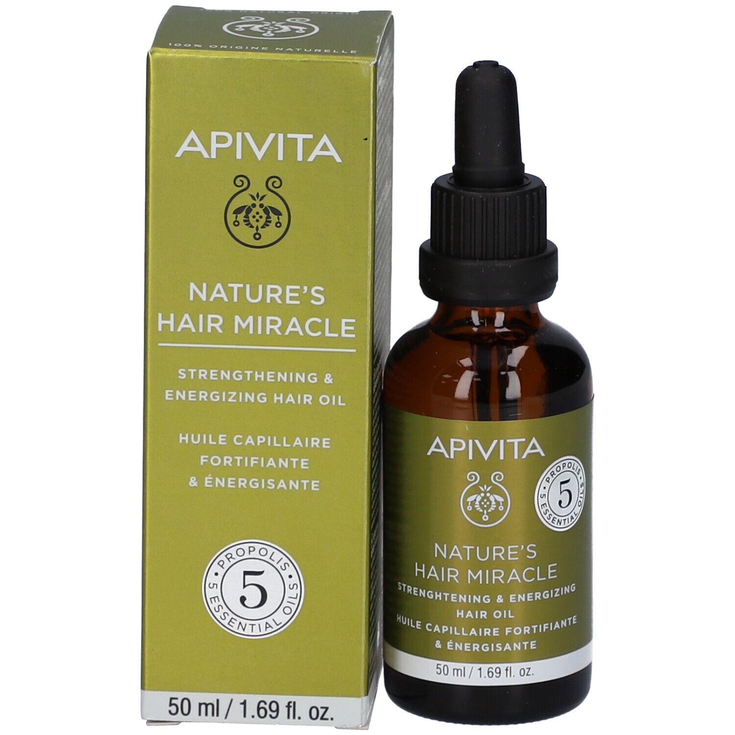 Apivita Nature's Hair Miracle Huile Capillaire Fortifiante & Énergisante, 50 ml. Flacon en verre brun avec compte-gouttes et boîte.