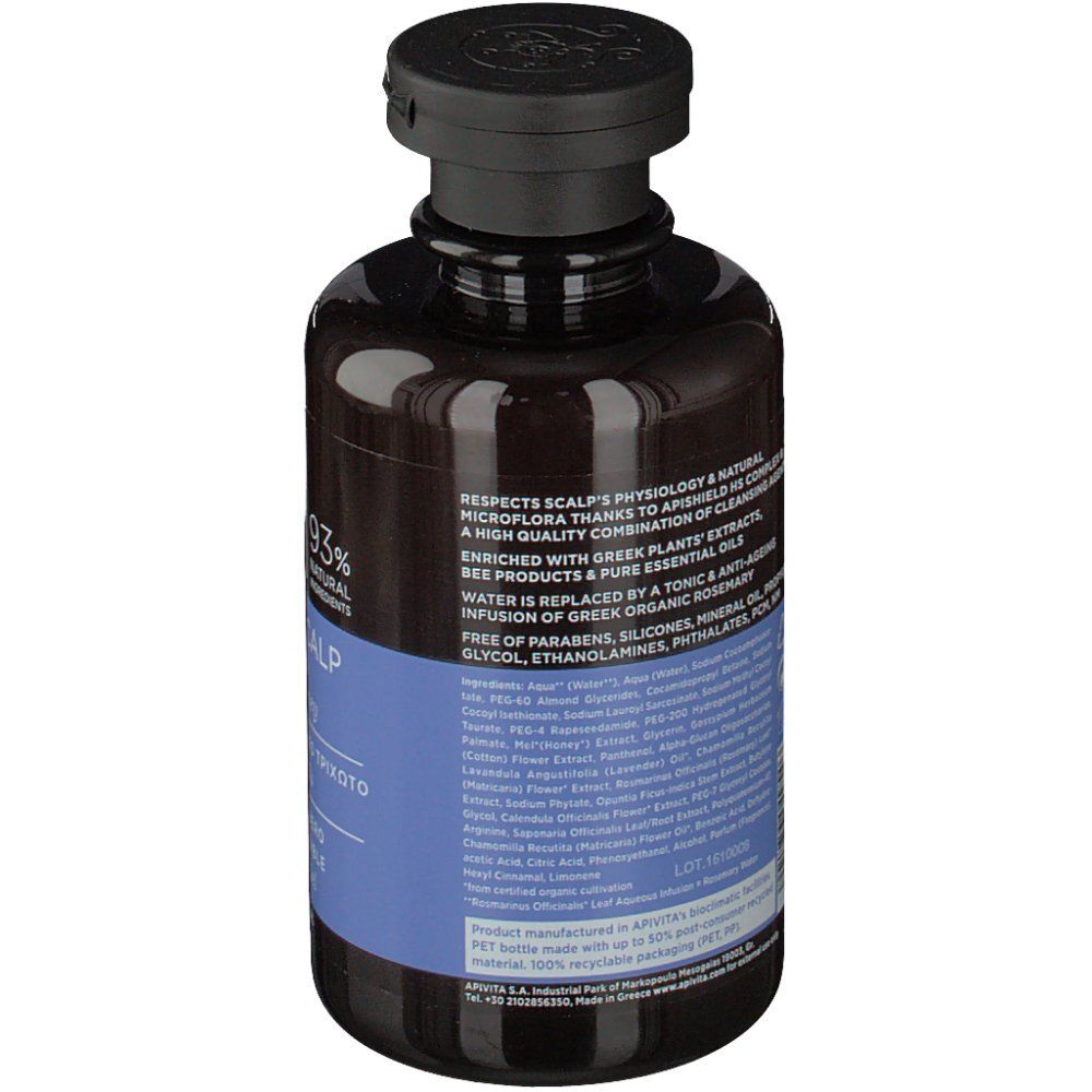 Dos du flacon marron. Texte : 93% ingrédients naturels. Ingrédients et informations en anglais.